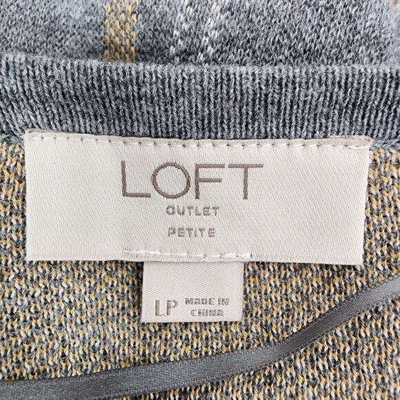 LOFT Outlet Cardigan Sweater Gray Tan Plaid Open Front Academia Preppy Size LP - Picture 8 of 11